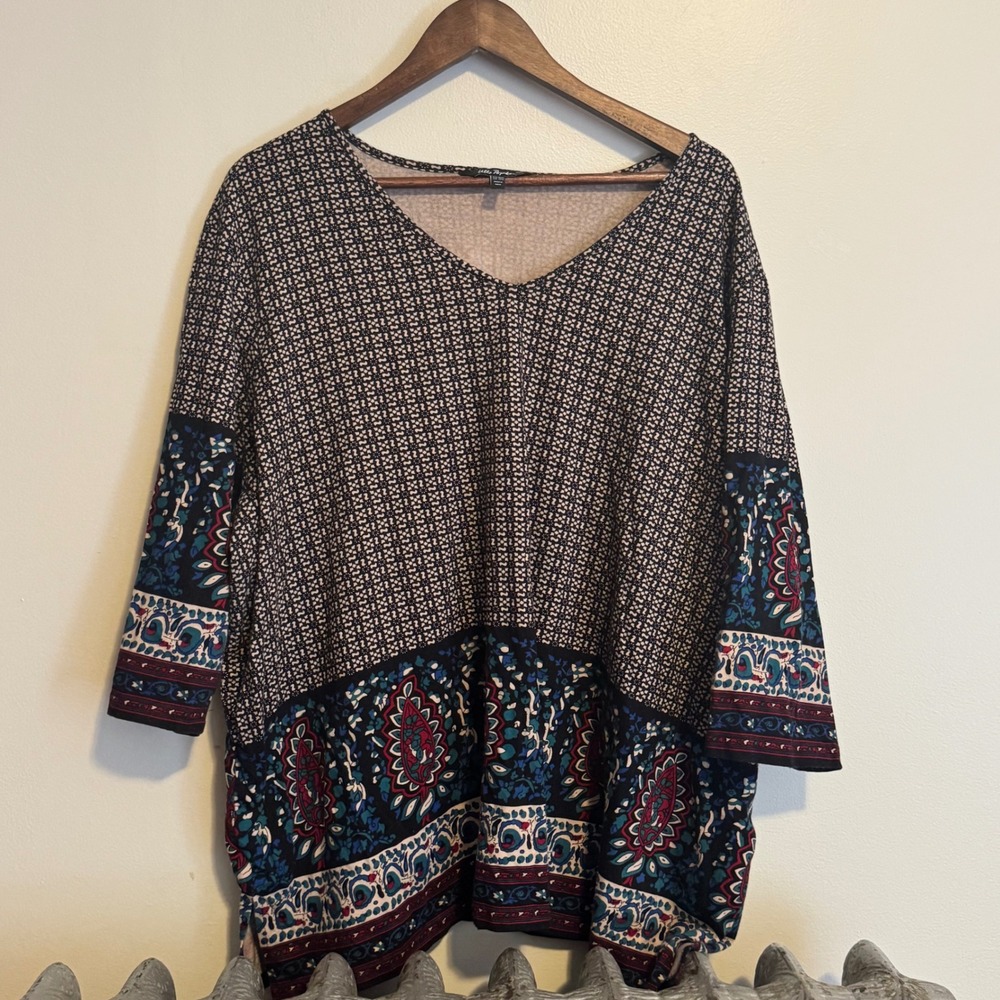 Ulla Popken Women's Beige Black Blue Red Print V Neck 3/4 Sleeve Tunic Top